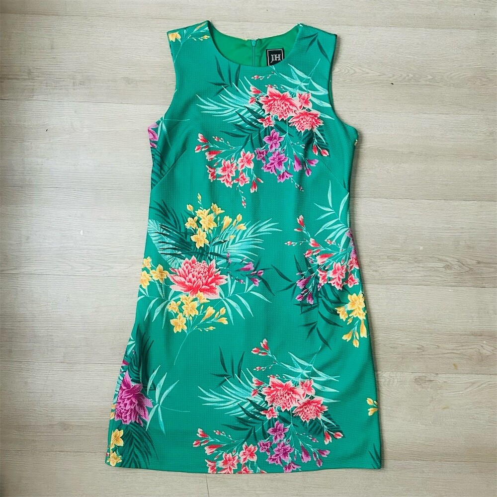 JH by Ann Taylor Dress Womens Size 8 Green Tropical Floral Sheath Knee - Picture 2 of 5